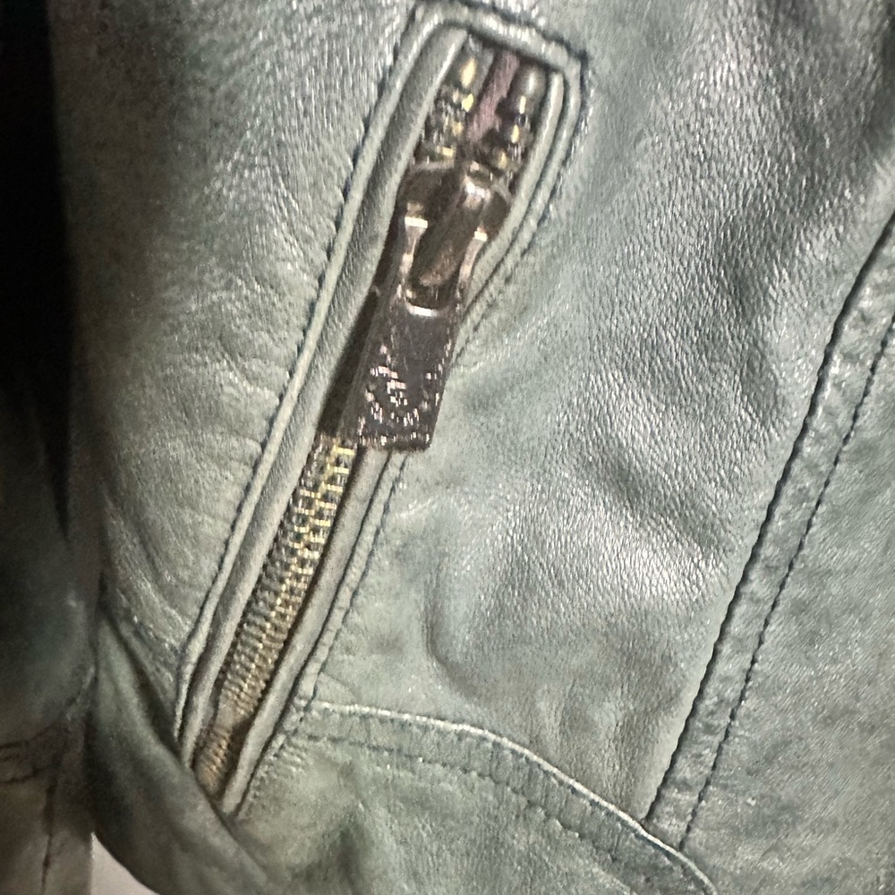 Women's S Leather Jacket Zip Moto Green Distressed - Picture 3 of 8